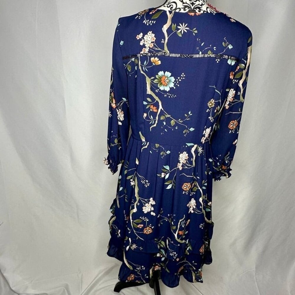 Nanette Lepore Navy Floral-Print Ruffled-Skirt Dress Size 10 - Picture 5 of 12